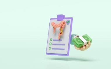 Kolonlu sağlık için 3D kontrol listesi, yeşil arka planda izole edilmiş banknotları tutan doktor eli. Sağlık kontrolü raporu, sağlık sigortası konsepti, üç boyutlu illüstrasyon oluşturucu