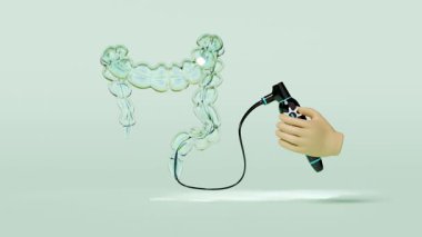 Yeşil arka planda izole edilmiş hastalığın nedenini bulmak için kolonoskopi. Sindirim sistemi, bağırsak sağlığı konsepti, 3D illüstrasyon, alfa kanalını kontrol et.