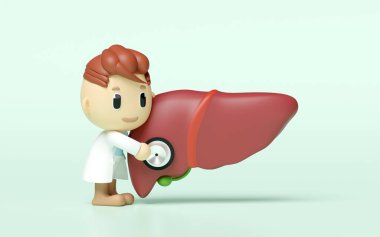 3D gerçekçi insan karaciğeri. Doktor yeşil arka planda stetoskop tutuyor. karaciğer sağlığı, sağlık aşkı, dünya hepatit günü konsepti, 3D illüstrasyon sunucusu
