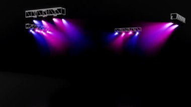 3D pembe, mavi spot ışıkları, dönen metal yapısıyla konser sahnesinde. 3d illüstrasyon oluşturucu