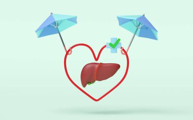 3D şemsiye karaciğeri koruyor, çapraz, yeşil arka planda izole edilmiş kontrol işareti. karaciğer sağlığı, sağlık aşkı, dünya hepatit günü konsepti, 3D illüstrasyon sunucusu