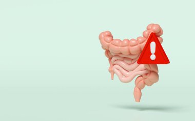 Yeşil arka planda 3 boyutlu ünlem işaretli bağırsaklar. Tehlike Uyarı Konsepti, 3d illüstrasyon oluşturucu