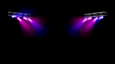 3D pembe, mavi spot ışıkları, dönen metal yapısıyla konser sahnesinde. 3d illüstrasyon oluşturucu