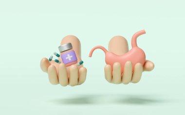 3D eller, yeşil arka planda izole edilmiş antibiyotiklerle ilaç şişesiyle gerçekçi insan midesi tutuyor. Gastrik hastalık konsepti, 3D çizim
