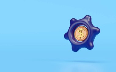 Mavi arka planda, vites simgesinde 3 boyutlu karikatür sikkeleri var. Yatırım ya da işletme finansmanı, para çalışma konsepti, 3d illüstrasyon oluşturma