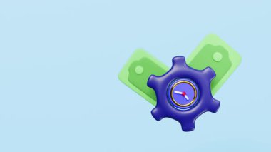 Mavi arka planda, banknot izole edilmiş, vites simgesi olarak 3D karikatür saat. Yatırım, ekonomik hareketler veya iş finansmanı, zaman yönetimi, üretkenlik kavramı, alfa kanalı