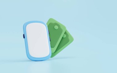 Mavi arka planda banknotlu 3D akıllı telefon karikatürü. İnternet bankacılığı, mobil ödemeler, çevrimiçi alışveriş, online finansal konsept, 3D illüstrasyon oluşturucu
