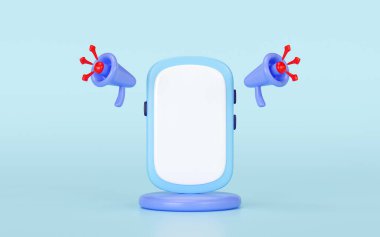 Podyumlu, hoparlörlü, megafonlu, mavi arka planda izole edilmiş oklu 3D akıllı telefon çizgi filmi. sosyal medya ağları için tanıtım haberleri, çevrimiçi pazarlama alışveriş konsepti, 3D görüntüleme