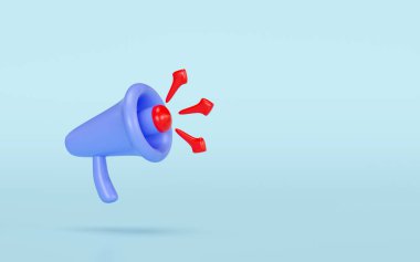 3D karikatür el hoparlörü, mavi arkaplanda izole edilmiş ok grafiği olan megafon. sosyal medya ağları için tanıtım haberleri, çevrimiçi pazarlama alışveriş konsepti, 3D resimleme