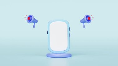 Podyumlu, hoparlörlü, megafonlu, mavi arka planda izole edilmiş oklu 3D akıllı telefon çizgi filmi. sosyal medya ağları için tanıtım haberleri, çevrimiçi pazarlama alışveriş konsepti, alfa kanal