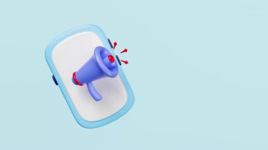 3D megafon ya da hoparlör, mavi arka planda izole akıllı telefonlu el hoparlörü ikonu. duyuru uyarısı konsepti, alfa kanal