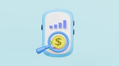 3 boyutlu akıllı telefon, büyüteç, bozuk para, mavi arka planda izole edilmiş bar grafiği. iş dünyası finansal verileri, iş stratejisi konsepti, alfa kanalı
