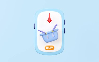 3D online mağaza, seyyar araba konseptine cep telefonu, alışveriş arabası, mavi arka planda izole edilmiş sepet ekle. uçan akıllı telefon, çevrimiçi alışveriş, 3D resimleme