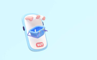 Mağazası, arabası, sepeti olan 3 boyutlu cep telefonu, maviye izole edilmiş. Çevrimiçi alışveriş, e-ticaret ve çevrimiçi perakende satış için ideal. çizgi film minimal ve modern tasarım.
