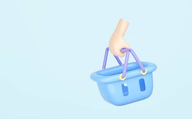 Mavi arka planda 3D karikatür el ele tutuşma simgesi izole edildi. Süpermarketten alışveriş yapmak, sepet konseptine mal koymak, 3D illüstrasyon çizimi