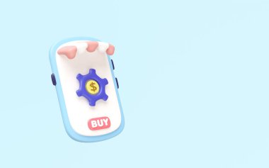 3 boyutlu akıllı telefon, mağaza, ikonlar, vitesler, pembe üzerine dolar işareti. E-ticareti, çevrimiçi perakendeciyi, dijital pazarlamayı temsil ediyor. Çizgi film minimalisti, iniş sayfası için modern tasarım.