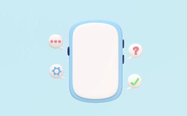 Üç boyutlu cep telefonu, sosyal medya bildirimleri ve yüzen sohbet baloncukları olan akıllı telefon. Afiş tasarımları ve sosyal medya uygulamaları için ideal. Çizgi film tarzı. Moda tasarımı.