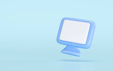 Boş ekranlı 3D mavi bilgisayar ekranı. İnternet analizleri, sosyal medya, online alışveriş kavramları için ideal. İnternet, oyun ve dijital iletişimi temsil ediyor. Kopyalama alanı olan en küçük tasarım.