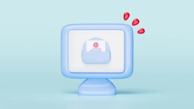 Zarflı 3D bilgisayar monitörü, mavi arkaplanda izole edilmiş sembol. Haber bülteni, çevrimiçi sosyal ağ, gelen e- posta konsepti, minimal tasarım, çizgi film biçimi, alfa kanalı.