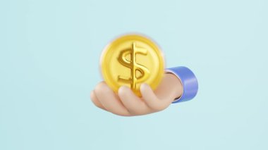 Üç boyutlu karikatür el, mavi arka planda izole edilmiş madeni para simgeleri tutuyor. Yatırım sektörü konsepti, alfa kanal