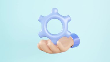 3D iş adamı eli teçhizatlı, takım ikonu mavi arka planda izole edilmiş. Takım çalışması konsepti, çizgi film stili, alfa kanalı