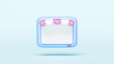 Üç boyutlu bilgisayar monitörü ön tarafta madeni para, arka planda da el arabası var. Çevrimiçi alışveriş için ideal, e-ticareti temsil ediyor. çizgi film minimal ve modern tasarım. alfa kanalı