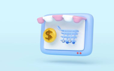 Üç boyutlu bilgisayar monitörü. Önünde dolar bozuk para var. Alışveriş arabası mavi üzerine izole edilmiş. Çevrimiçi alışveriş, ticaret ve çevrimiçi perakende satış için ideal. karikatür biçimi, asgari tasarım, 3d oluşturma 