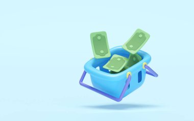 3d Banknotlar Basket 'e Düşerken mavi arka planda izole edildi. Çizgi film tarzı. ekonomik hareketler veya iş finans konsepti, 3D resimleme