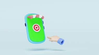 3D iş adamı mavi arka planda hedefleme için cep telefonu kullanıyor. Çevrimiçi alışveriş kavramları için ideal. Minimum ve modern tasarım. çizgi film biçimi, alfa kanal