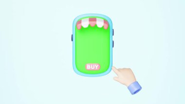 3D iş adamı cep telefonu kullanıyor. Önde mağaza var. Mavi arka planda. Çevrimiçi alışveriş kavramları için ideal. Minimum ve modern tasarım. çizgi film biçimi, alfa kanal