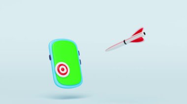 Hedefli 3D akıllı telefon, mavi arka planda izole edilmiş dart simgesi hareketi. ticari doğruluk hedefi, Yatırım, finans, başarı konsepti, çizgi film tarzı, alfa kanalı