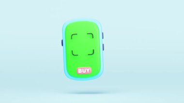 QR kod tarayıcılı 3D akıllı telefon, satın alma düğmesi, mavi arkaplanda izole edilmiş bozuk paralar. Nakitsiz ödeme, online alışveriş konsepti, çizgi film stili, alfa kanal