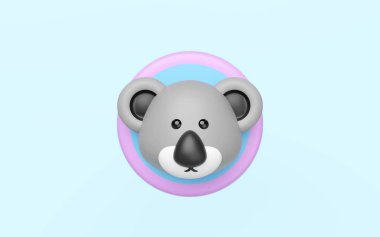 Büyük kulaklı, siyah burunlu, pastel pembe ve mavi dairesel arka planlı sevimli bir 3 boyutlu koala kafası. Açık mavi bir arkaplanda izole edilmiş, çocuk temaları ya da Avatar tasarımları için mükemmel..
