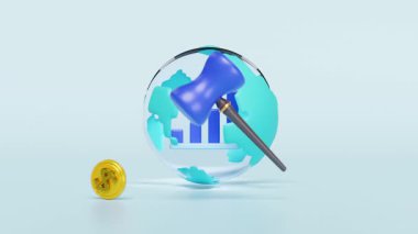 İçinde bir bar çizelgesi, bir altın para ve bir yargıç tokmağının olduğu 3 boyutlu bir dünya. Küresel finans, ekonomik veriler, uluslararası hukuk ve pazar eğilimleri, alfa kanalı