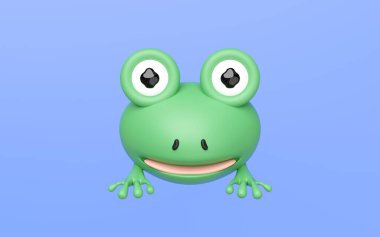 Büyüleyici bir üç boyutlu karikatür kurbağasının, büyük anlamlı gözleri ve geniş bir gülüşü var, parlak yeşil renkle kaplanmış, pastel mavisi bir arka planı var. Çocuklar için ideal, eğlenceli tasarımlar ve basit maskotlar.