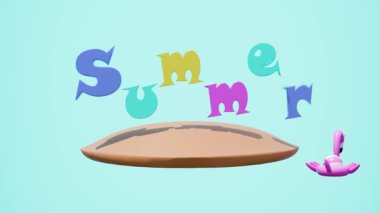 3D renkli harflerle yazılmış canlı bir yaz metni kumlu yüzen bir adanın üzerinde yüzer, yanında da plaj topuyla şişme pembe bir flamingo. Tatil konsepti, alfa kanalı