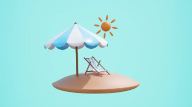 Üç boyutlu bir tropikal ada sahnesi çizgili bir plaj şemsiyesi ve kumsalda güneşli bir şezlongla karşımızda duruyor. Minimalist tatil konsepti, alfa kanalı