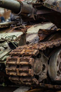 Burnt and melted rusty wreckage of a Soviet Russian-made tank T-72B destroyed near Kyiv during the Russian invasion of Ukraine