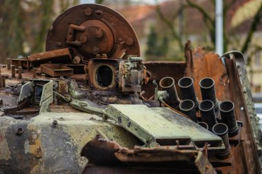 Burnt and melted rusty wreckage of a Soviet Russian-made tank T-72B destroyed near Kyiv during the Russian invasion of Ukraine
