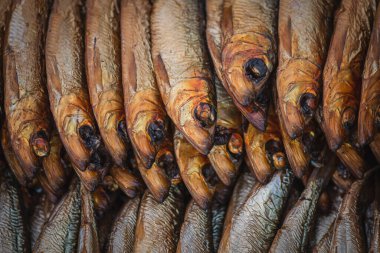 Tütsülenmiş Atlantik veya Baltık ringaları, Clupea harengus, Vilnius, Litvanya, Avrupa 'da bir sokak yiyecek pazarında Clupeidae familyasından bir ringa balığı.