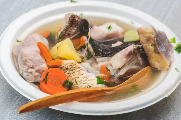 stock image Hot fish soup with various vegetables in Kaziuko Muge or Saint Casimir's Fair, a spring annual folk arts and crafts fair in Vilnius, Lithuania, Europe, close up