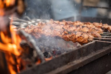 Domuz eti şişi, mangalda kızartılmış ya da kızartılmış. Açık ateş ve alevlerde yabalarla, shashlik ya da shashlyk gibi sokak yemeklerinde ya da açık hava pikniğinde yakın.