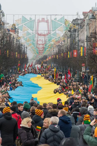 リトアニア 2023年3月11日 リトアニアとウクライナの旗を持つ人々が運ぶヴィリニュスの通りに沿って巨大なウクライナの旗 — ストック写真