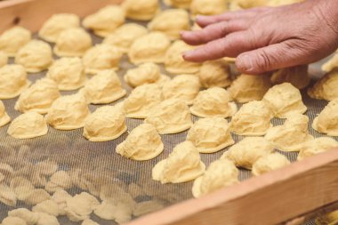 Güney İtalya 'nın bir bölgesi olan Puglia ya da Apulia' nın tipik bir örneği olan el yapımı buğday ve suyla yapılan el yapımı taze orkide ya da orecchietta satan yaşlı bir kadının eli yakın plan