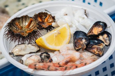 Bari, Puglia, İtalya 'da bir balık pazarında deniz kestanesi, karides, istiridye, kara midye, mürekkep balığı ve limon ile yenmeye hazır taze deniz ürünü tabağı.