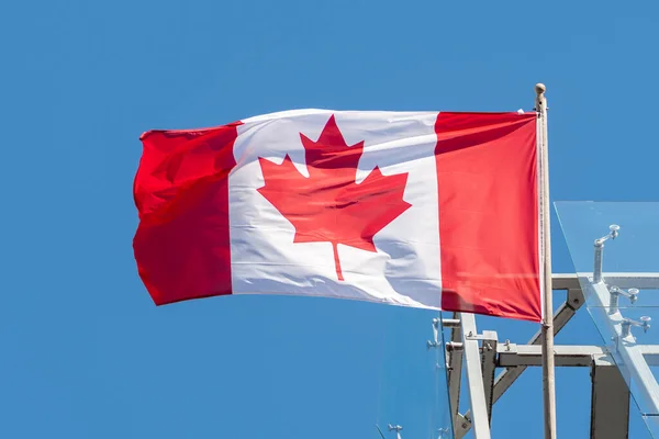 Flaga Kanady Uchyla Się Słońcu Niebieskim Niebem Tle Zbliżenie — Zdjęcie stockowe