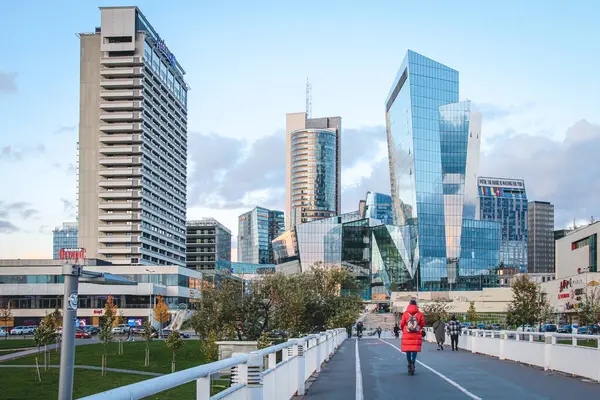 Vilnius, Litvanya 'nın başkenti, Avrupa. Beyaz köprüden şehre bakış, modern işletme finans bölgesi, modern mimari, binalar ve gökdelenler