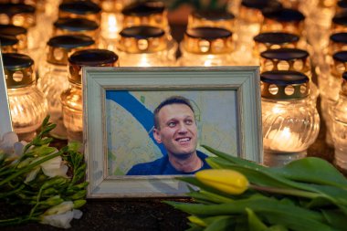Vilnius, Litvanya - 20 Şubat 2024: Rusya muhalefet lideri Aleksey Navalny 'nin, kar ve yağmur damlalarından sırılsıklam portresiyle kendiliğinden Vilnius anısına dikilmiş çiçekler ve mumlar