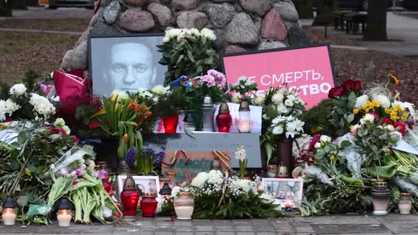 立陶宛维尔纽斯 2024年2月21日 俄罗斯反对派领导人阿列克谢 纳瓦尔尼 Alexei Navalny 的自然追悼会上 鲜花和蜡烛在人群中飘扬 — 图库视频影像