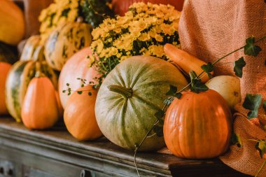 A colorful assortment of pumpkins and gourds in various shapes, sizes, and colors with yellow chrysanthemum. The image captures the essence of autumn harvest